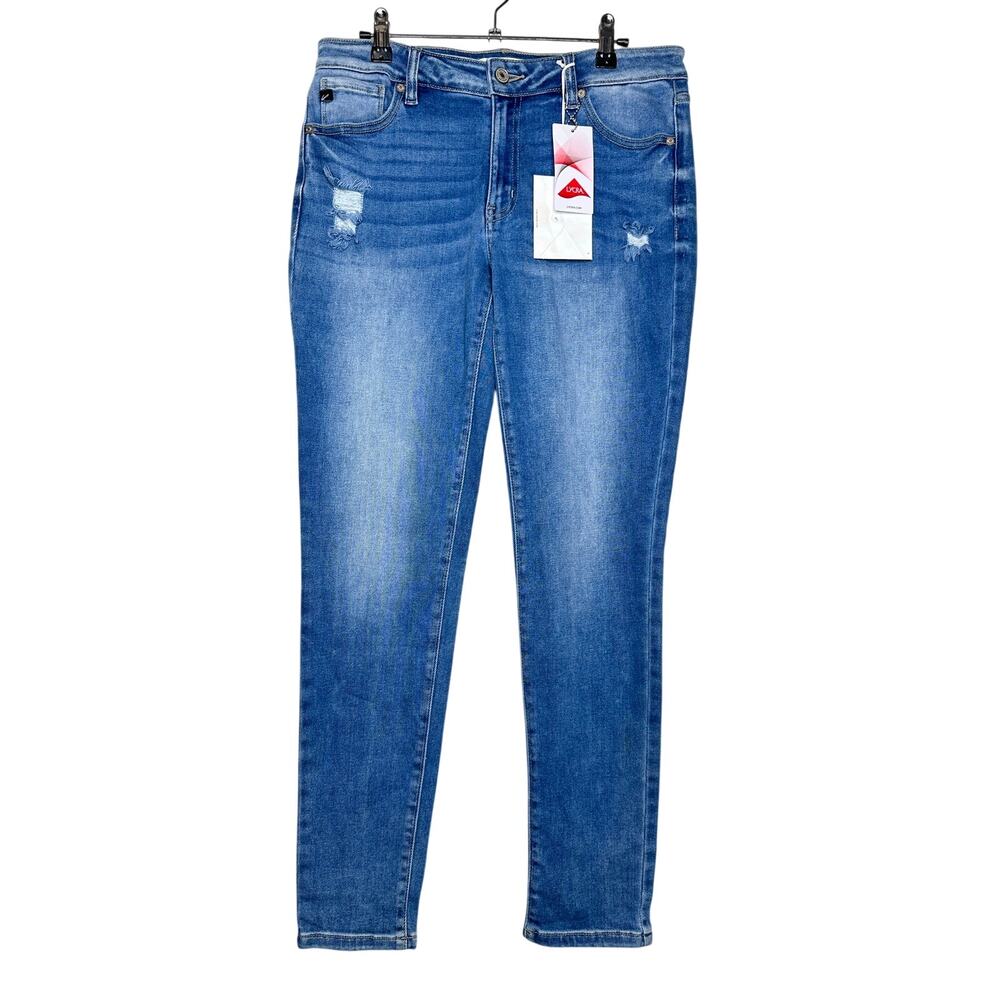 KanCan Mid Rise Super Skinny Jeans Distressed Medium Wash Blue Denim Sz 9/28 NWT